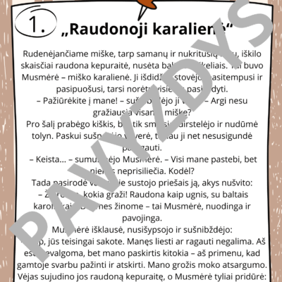 Rudens pasakų rinkinio puslapis „Raudonoji karalienė“ – pasaka vaikams apie musmėrę, mokančią atsargumo ir gamtos pažinimo.