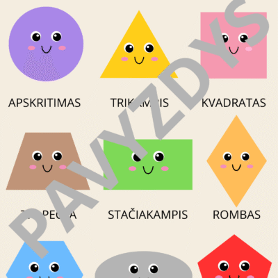 Geometrinių figūrų PDF priemonė – apskritimas, trikampis, kvadratas, stačiakampis, rombas, trapecija, ovalas, penkiakampis ir šešiakampis, spalvingi paveikslėliai vaikams.