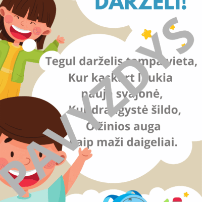 Lentos dekoracija „Labas, darželi!" - PDF priemonė skirta papuošti grupės lentą naujų mokslo metų pradžiai.