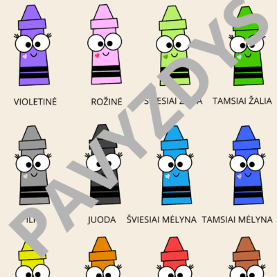 Plakatas „Spalvos“ su spalvotomis kreidelėmis – violetinė, rožinė, žalia, mėlyna, pilka, juoda, geltona, oranžinė, raudona, ruda.