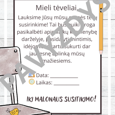 Šablonas „Darželio tėvų susirinkimo kvietimas“ su vieta įrašyti datą ir laiką, skirtas informuoti tėvus apie organizuojamą grupės susirinkimą.