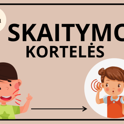 Skaitymo kortelės vaikams 5-7 m. amžiaus, A5 formato PDF priemonė su iliustruotais personažais - berniuku ir mergaite, padedančiais mokytis skaityti.