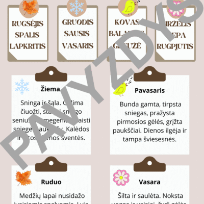 Edukacinis plakatas „Keturi metų laikai ir jų mėnesiai“ vaikams su metų laikų požymiais ir papildomomis matematikos užduotimis.