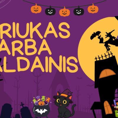 „Skaidrių rinkinio „Triukas arba saldainis“ viršelis su išdaigininkų šventės simboliais – ragana, juodu katinu, mumija ir moliūgais.“