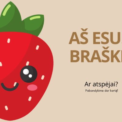 „Linksmas braškės piešinys su užrašu „Aš esu... braškė!“ – uogos atspėjimo žaidimo skaidrė.“