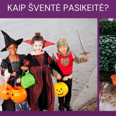 „Vaikai, persirengę įvairiais personažais, švenčia išdaigininkų šventę – dėvi raganos, vampyro, riterio, skeletų ir vaiduoklio kostiumus, rankose laiko moliūgų kibirėlius.“