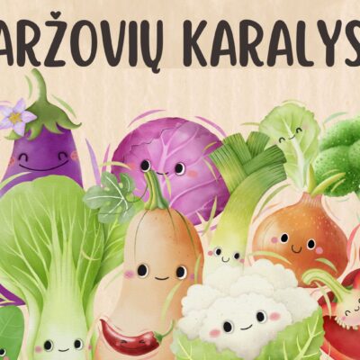 Iliustracija su įvairiomis daržovėmis – agurku, ropėmis, burokėliu, kukurūzu, salotomis, baklažanu, kopūstu, brokoliu, paprika, moliūgu ir kitomis. Daržovės pavaizduotos linksmai, su veidukais, viršuje užrašas „Daržovių karalystė“.