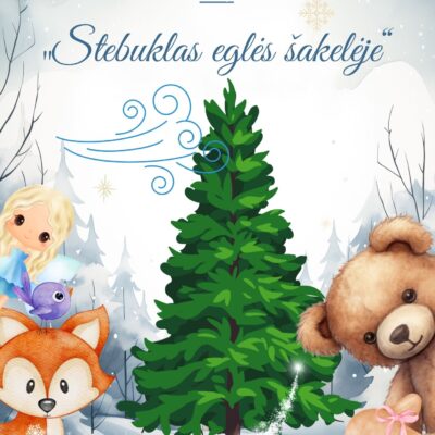 Kalėdinis vaidinimas vaikams „Stebuklas eglės šakelėje“ – eglutė snieguotame miške su meškiuku, ežiuku, lape, kiškiu, paukšteliu, vėju ir Žiemos fėja.