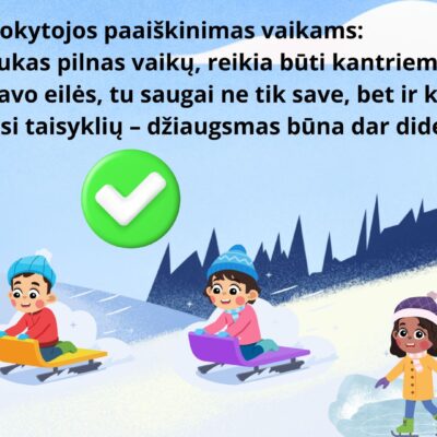 Skaidrė iš rinkinio „Saugiai gamtoje žiemą“. Mokytojos apibendrinimas padeda vaikams suprasti, kodėl svarbu laikytis saugumo taisyklių. Priemonė skatina kantrybę, pagarbą draugams ir atsakingą elgesį žiemą.