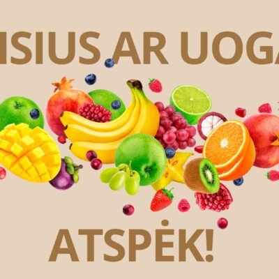 „Spalvingas vaisių ir uogų skaidrių rinkinys su užrašu „Vaisius ar uoga? Atspėk!“