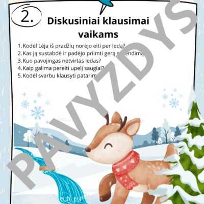 Iliustracija ir diskusiniai klausimai vaikams apie saugumą ant ledo.