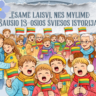 Sausio 13-osios skaidrės vaikams (su spalvinimo užduotimis): pasakojimas apie Laisvės gynėjus, televizijos bokštą ir vienybę.