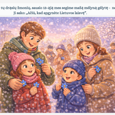 Sausio 13-osios skaidrės vaikams (su spalvinimo užduotimis): pasakojimas apie Laisvės gynėjus, televizijos bokštą ir vienybę.
