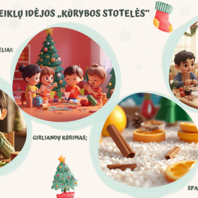 Kalėdinės mugės teminei veiklai skirtos skaidrės, supažindinančios vaikus su šventine mugės veikla, įtraukiant kūrybos ir sensorines veiklas.