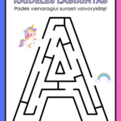 Raidelių labirintai – žaisminga ugdomoji PDF priemonė ikimokyklinio ir priešmokyklinio amžiaus vaikams.