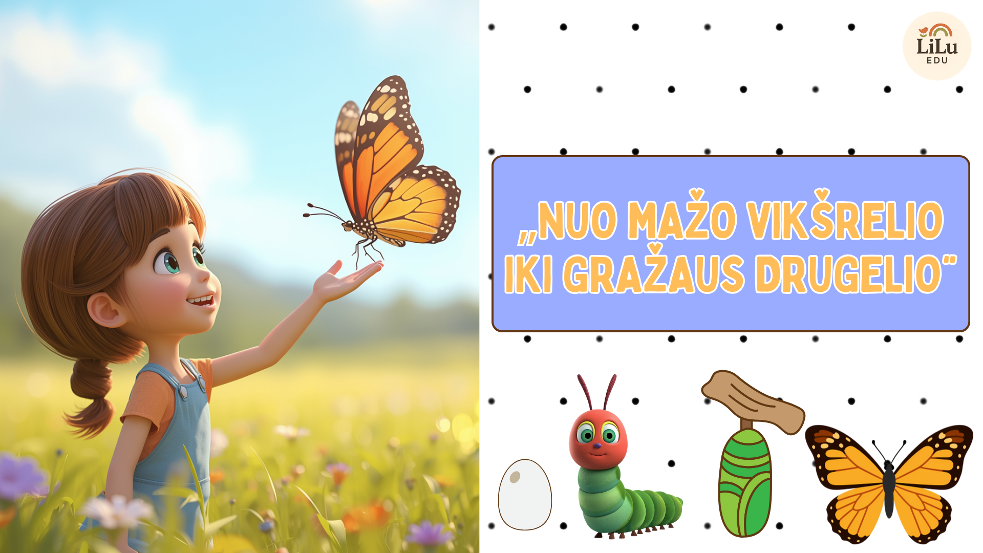 Skaidrės „Nuo mažo vikšrelio iki gražaus drugelio“ – ugdomoji priemonė vaikams, skirta pažinti drugelio gyvenimo ciklą.