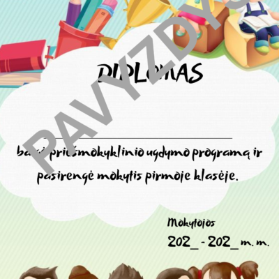 Žaismingo dizaino diplomas priešmokyklinukams, skirtas ypatingai progai – priešmokyklinio ugdymo programos baigimui.
