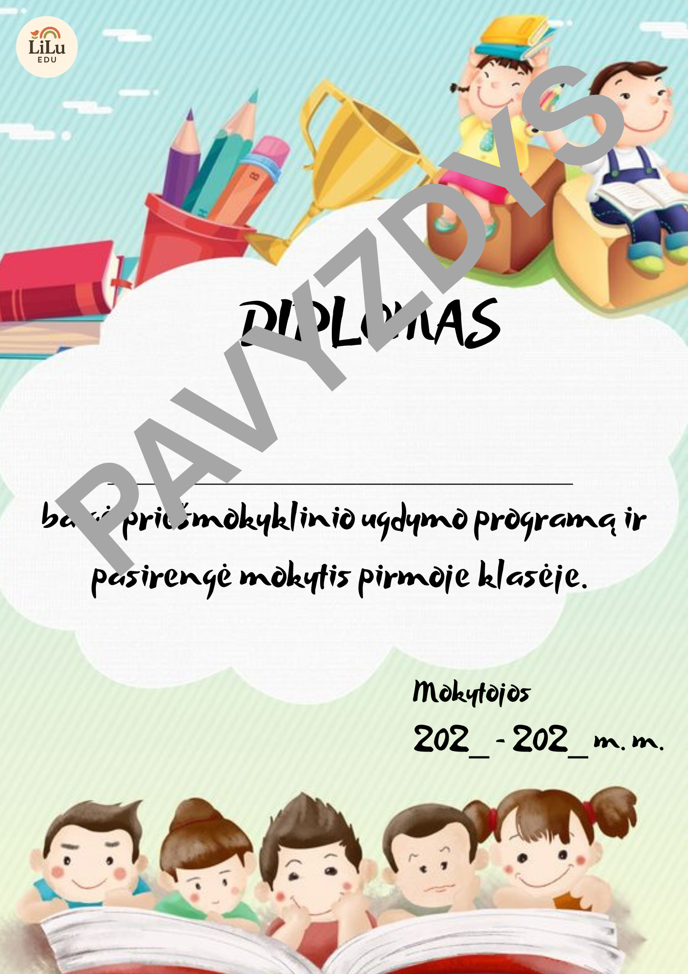 Žaismingo dizaino diplomas priešmokyklinukams, skirtas ypatingai progai – priešmokyklinio ugdymo programos baigimui.