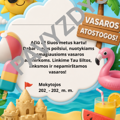 Vasaros atostogoms skirtas A4 PDF su 3D vasariškomis iliustracijomis.