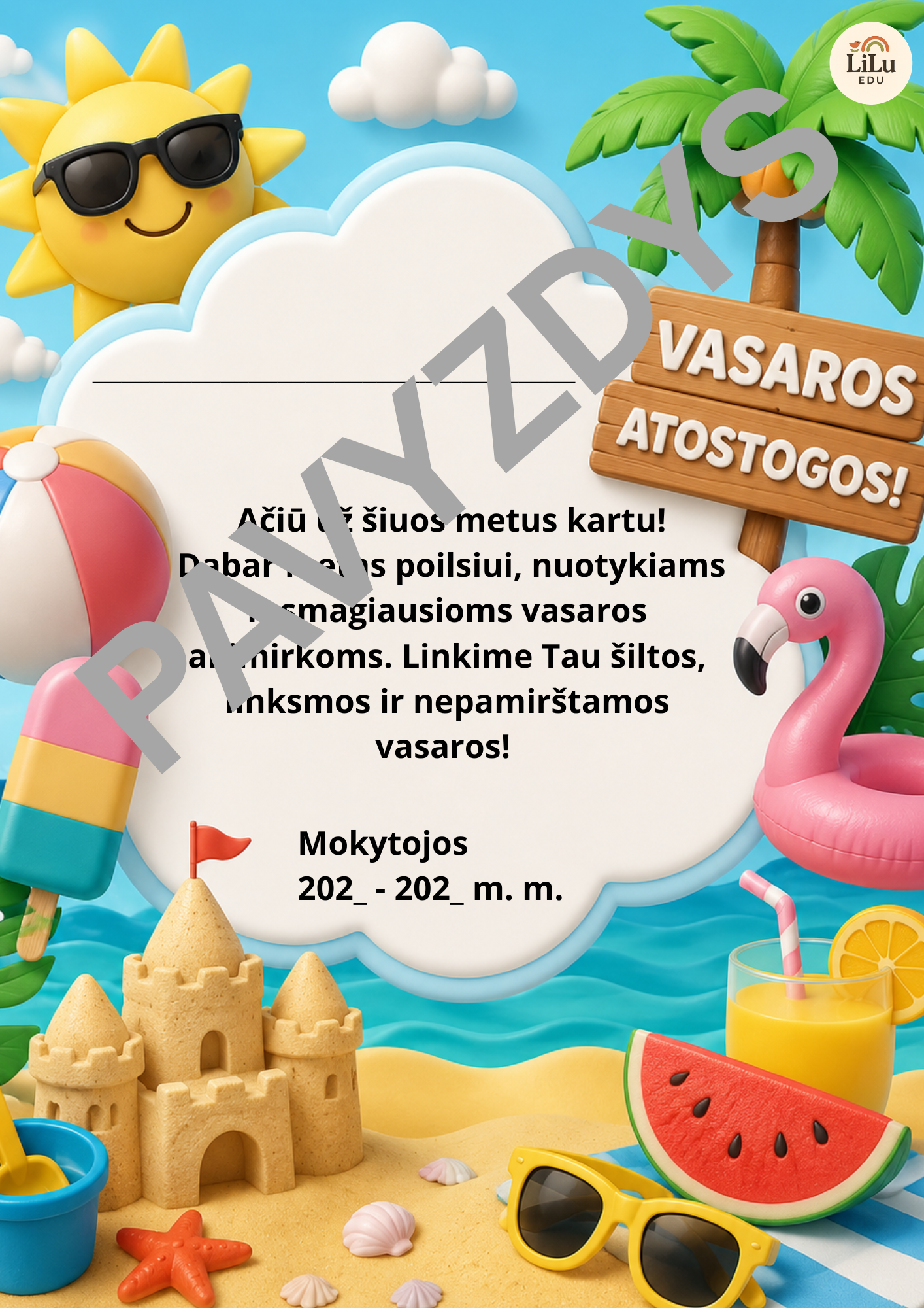 Vasaros atostogoms skirtas A4 PDF su 3D vasariškomis iliustracijomis.