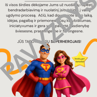 Spalvingos superherojų stiliaus padėkos tėvams su mama ir tėčiu, skirtos padėkoti už pagalbą, rūpestį ir bendradarbiavimą mokslo metų pabaigoje.
