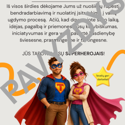 Spalvingos superherojų stiliaus padėkos tėvams su mama ir tėčiu, skirtos padėkoti už pagalbą, rūpestį ir bendradarbiavimą mokslo metų pabaigoje.