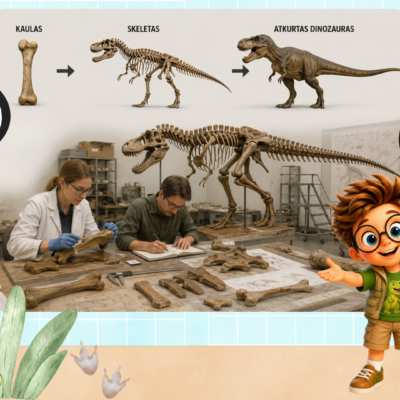 Edukacinės skaidrės „Kas paliko šį milžinišką pėdsaką?“ apie dinozaurus, fosilijas ir paleontologų darbą vaikams.