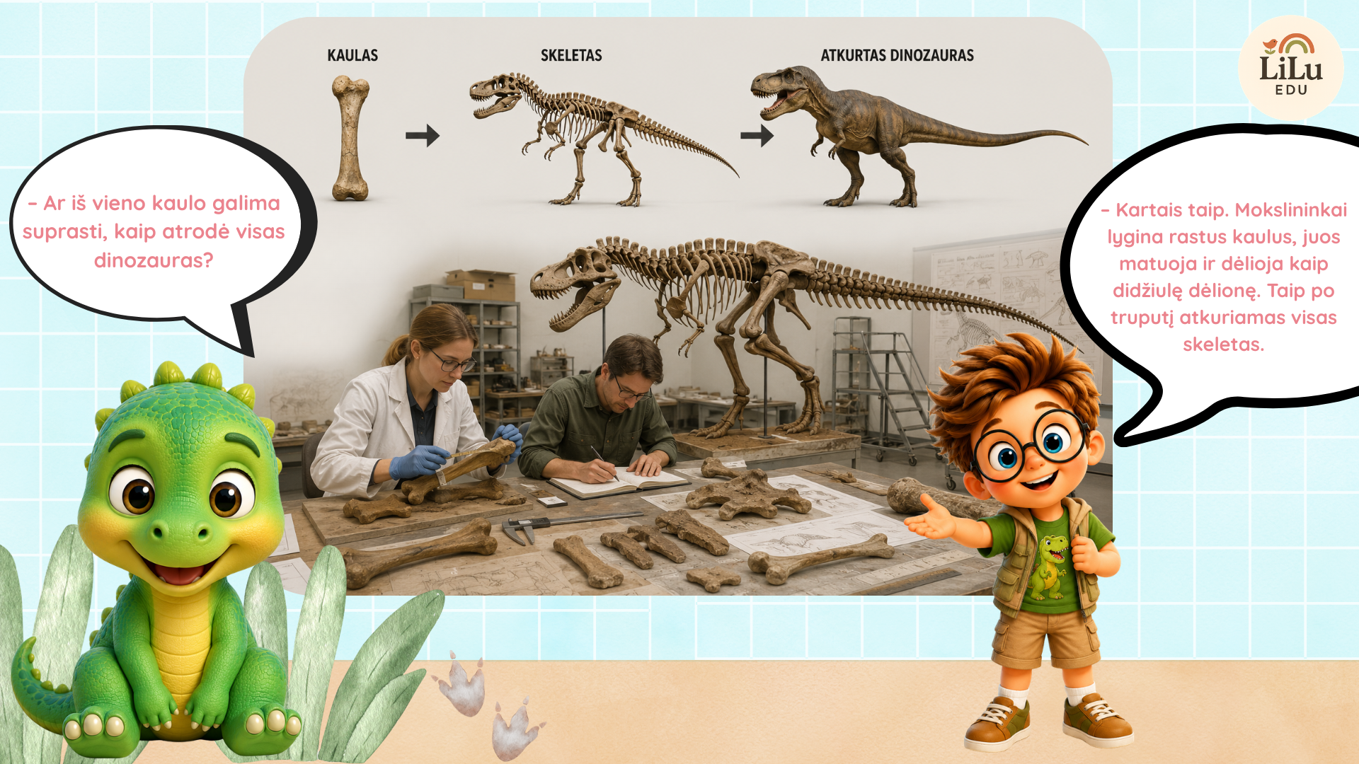 Edukacinės skaidrės „Kas paliko šį milžinišką pėdsaką?“ apie dinozaurus, fosilijas ir paleontologų darbą vaikams.