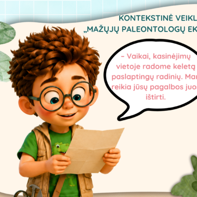 Edukacinės skaidrės „Kas paliko šį milžinišką pėdsaką?“ apie dinozaurus, fosilijas ir paleontologų darbą vaikams.