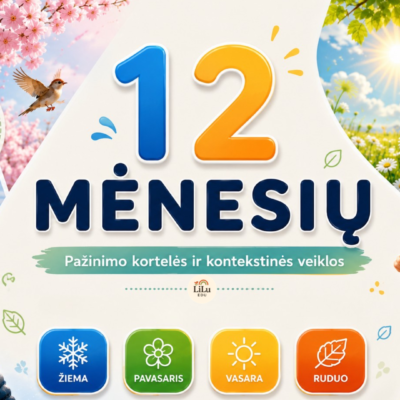 12 mėnesių pažinimo kortelės ir kontekstinės veiklos vaikams apie metų laikus.