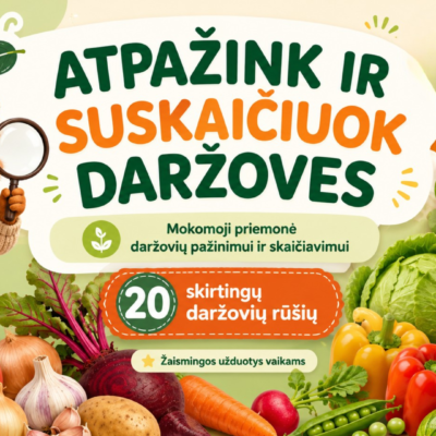 Atpažink ir suskaičiuok daržoves – 81 skaidrės ugdymo priemonė su 20 skirtingų daržovių rūšių.