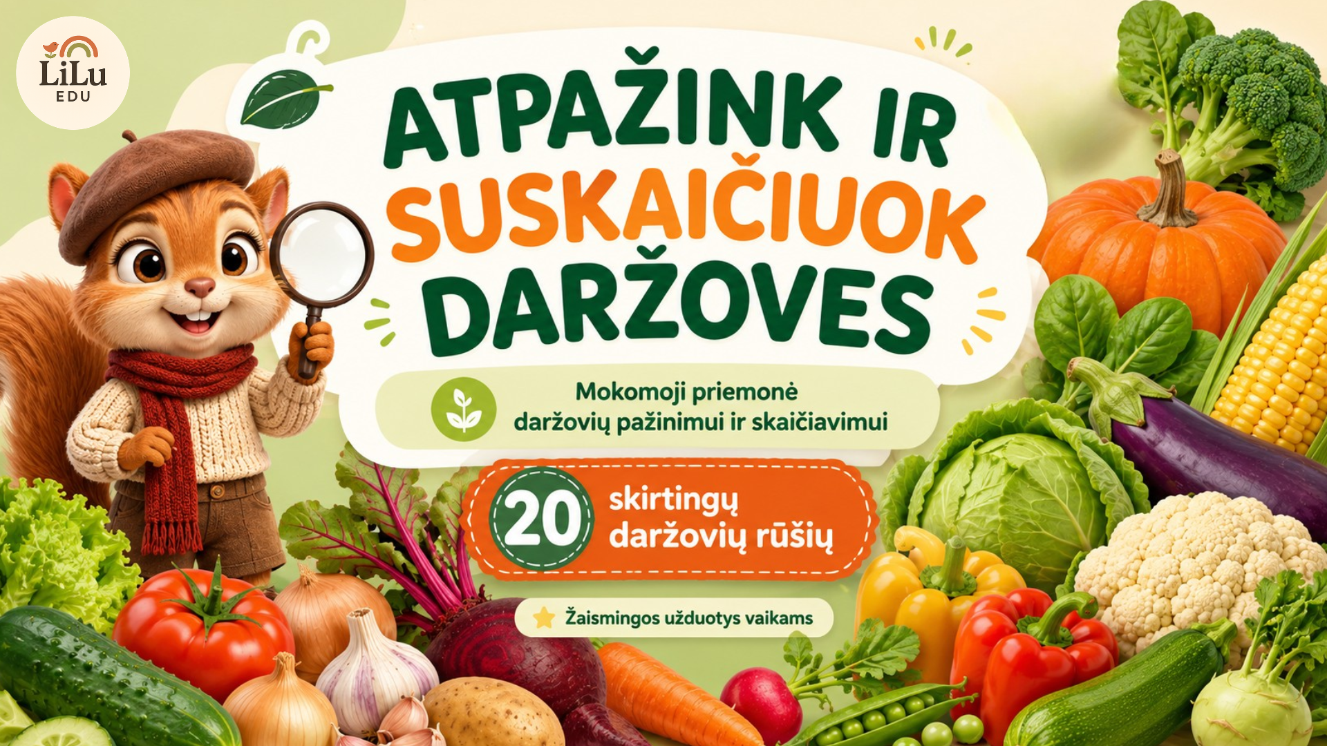 Atpažink ir suskaičiuok daržoves – 81 skaidrės ugdymo priemonė su 20 skirtingų daržovių rūšių.