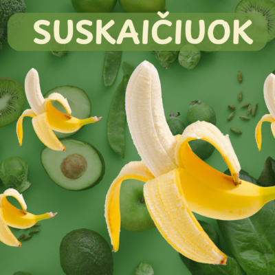 Žaismingos skaidrės vaikams „Atpažink ir suskaičiuok vaisius“.