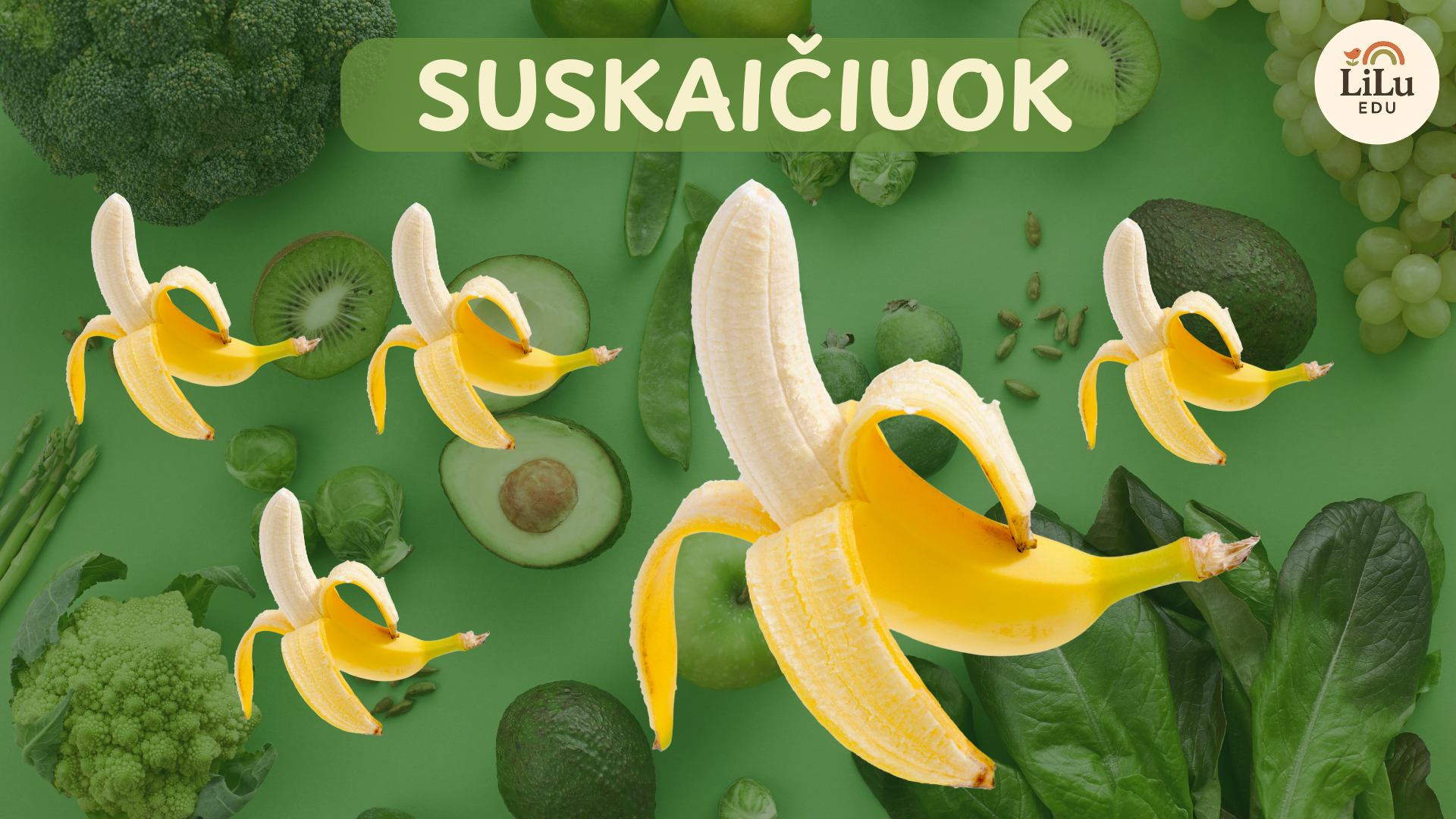 Žaismingos skaidrės vaikams „Atpažink ir suskaičiuok vaisius“.