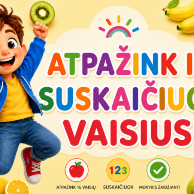 Žaismingos skaidrės vaikams „Atpažink ir suskaičiuok vaisius“.