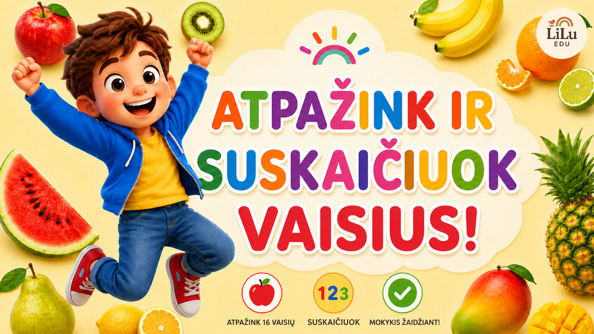 Žaismingos skaidrės vaikams „Atpažink ir suskaičiuok vaisius“.