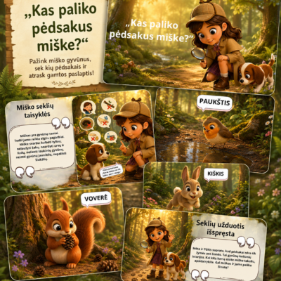 Pažintinės skaidrės „Kas paliko pėdsakus miške?“ apie miško gyvūnus ir jų pėdsakus 4–6 metų vaikams.