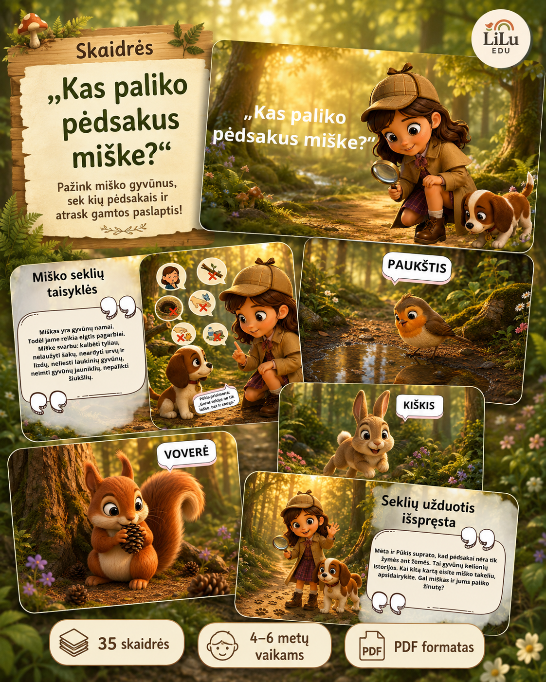 Pažintinės skaidrės „Kas paliko pėdsakus miške?“ apie miško gyvūnus ir jų pėdsakus 4–6 metų vaikams.