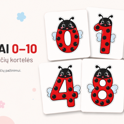 Skaičių nuo 0 iki 10 kortelės su žaismingomis boružėlių iliustracijomis.