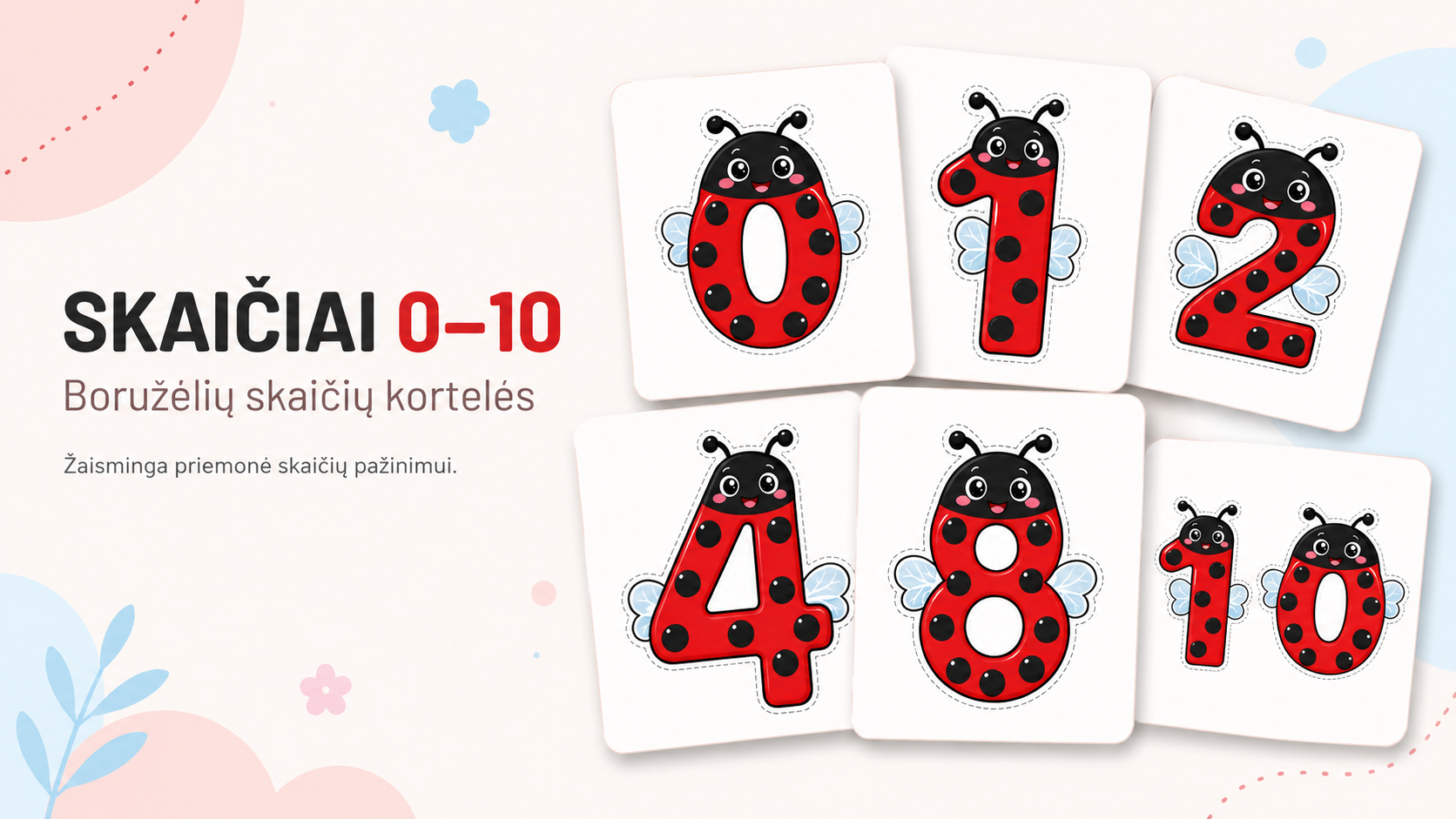 Skaičių nuo 0 iki 10 kortelės su žaismingomis boružėlių iliustracijomis.