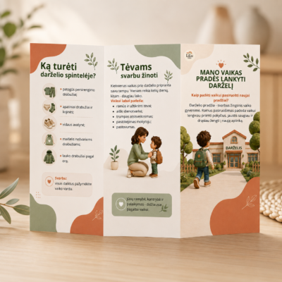 Dvipusis į tris dalis lankstomas lankstinukas tėvams „Mano vaikas pradės lankyti darželį“ apie pasiruošimą darželiui ir vaiko adaptaciją.