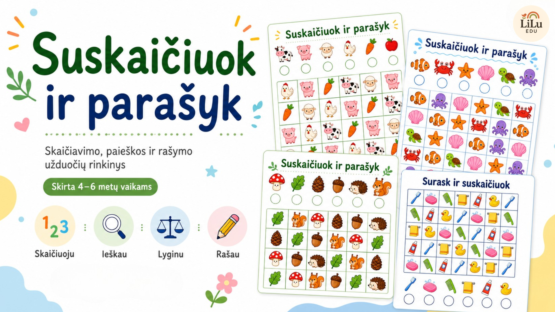 Suskaičiuok ir parašyk: 20 skaičiavimo užduočių 4–6 metų vaikams