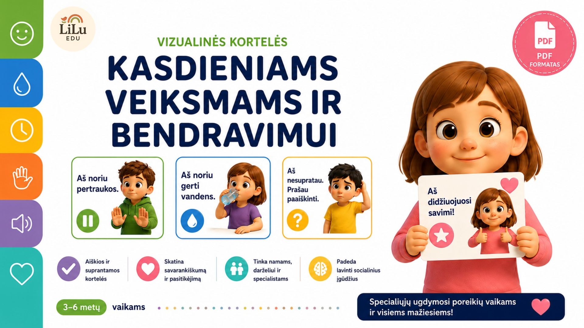 Vizualinės kortelės kasdieniams veiksmams ir bendravimui 3–6 metų vaikams.
