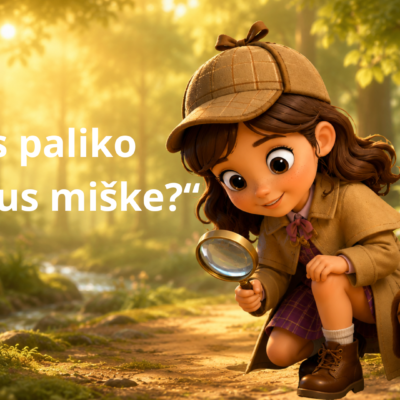 Pažintinės skaidrės „Kas paliko pėdsakus miške?“ apie miško gyvūnus ir jų pėdsakus 4–6 metų vaikams.
