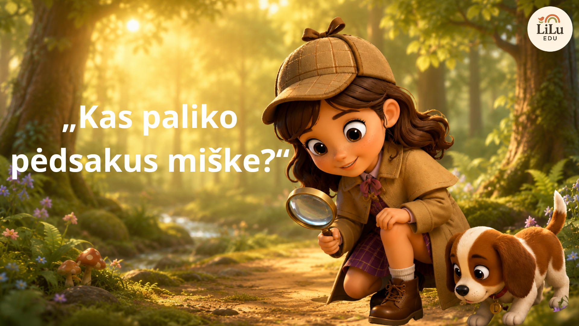 Pažintinės skaidrės „Kas paliko pėdsakus miške?“ apie miško gyvūnus ir jų pėdsakus 4–6 metų vaikams.
