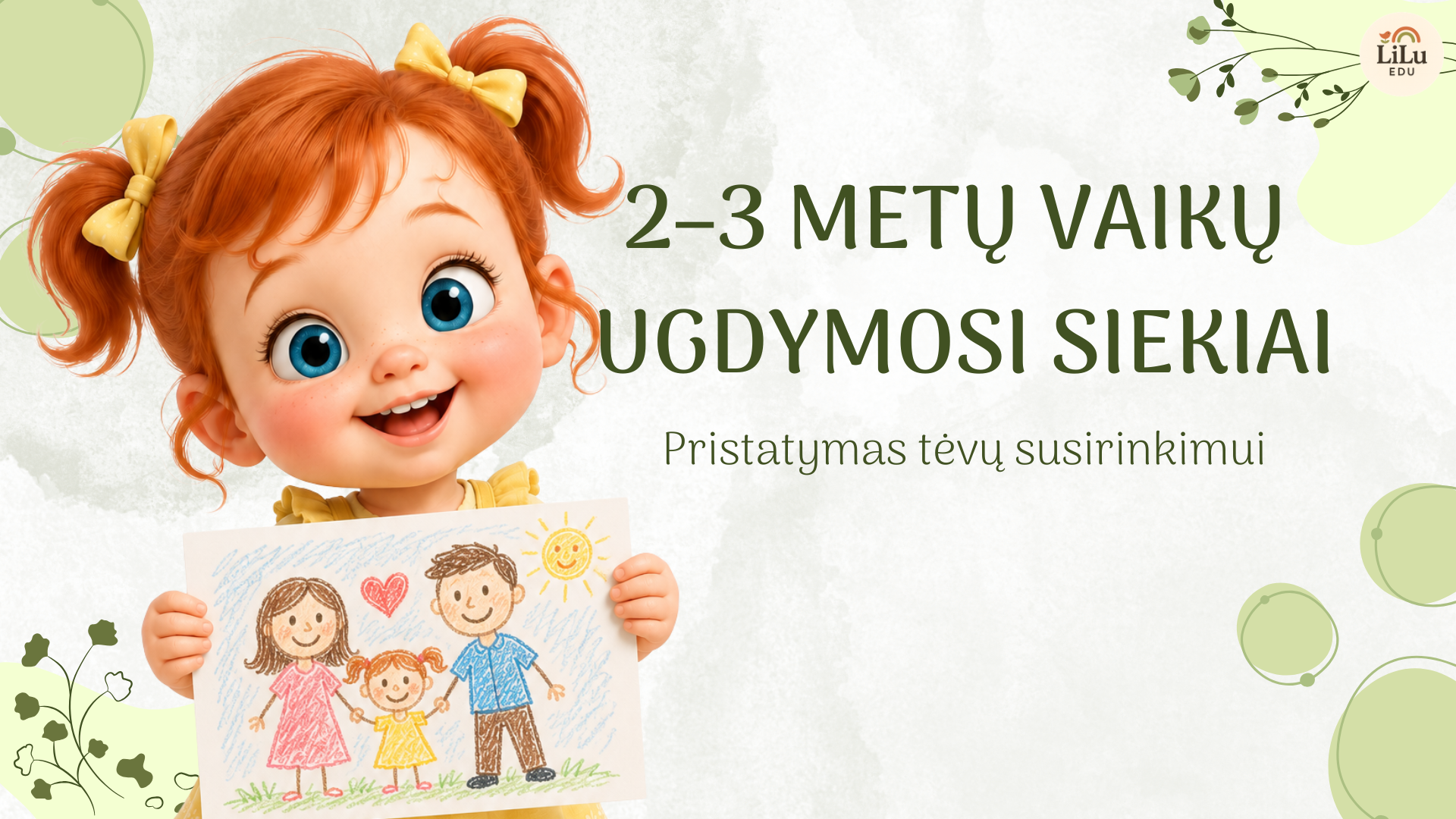 2-3 metų vaikų ugdymosi siekiai – 24 skaidrių pristatymas tėvų susirinkimui, parengtas remiantis Ikimokyklinio ugdymo programos gairėmis.