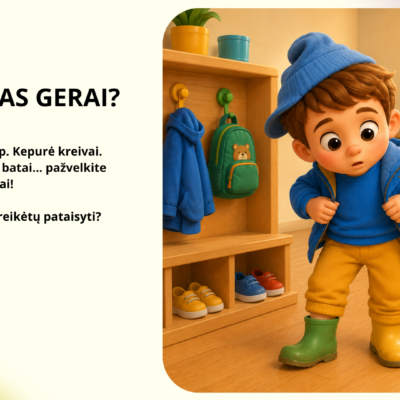 „Aš galiu!“ – skaidrės vaikams apie savarankiškumą darželyje, kasdienes situacijas ir pagalbą kitiems.