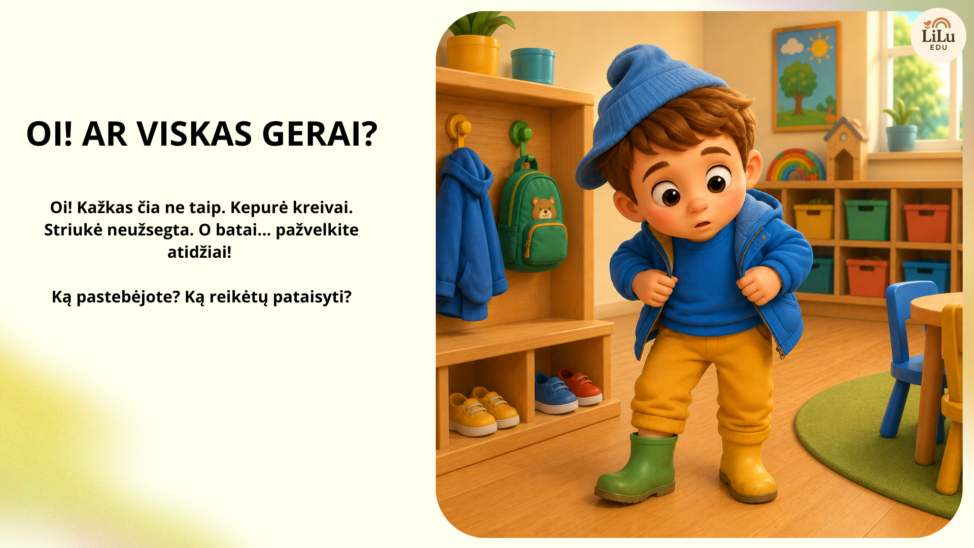 „Aš galiu!“ – skaidrės vaikams apie savarankiškumą darželyje, kasdienes situacijas ir pagalbą kitiems.