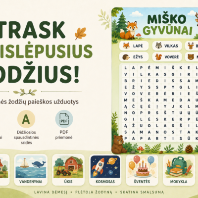 Priemonė „Atrask pasislėpusius žodžius“ – 28 teminės žodžių paieškos užduotys vaikams su paveikslėliais ir didžiosiomis spausdintinėmis raidėmis.
