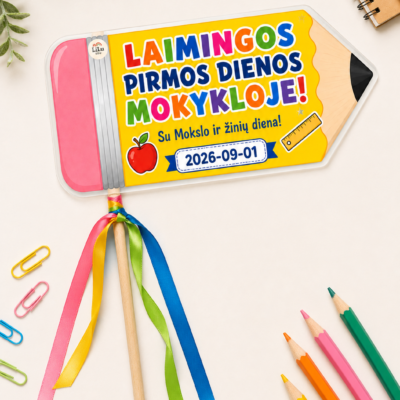 Spalvingos pieštuko formos vėliavėlės „Laimingos pirmos dienos mokykloje!“ – 3 vnt. A4 PDF lape.